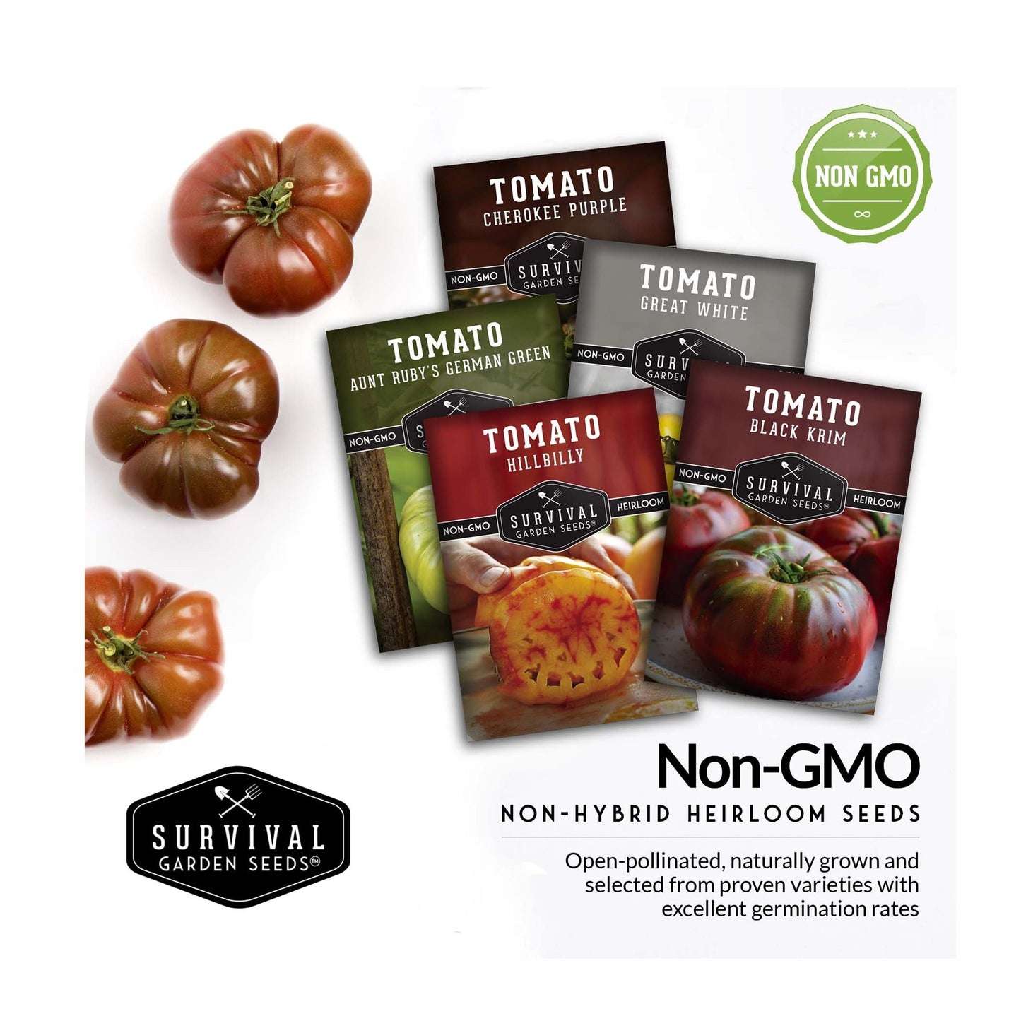 Colorful Tomato Collection - Black Krim, Great White, Aunt Ruby’s German Green, Hillbilly & Cherokee Purple
