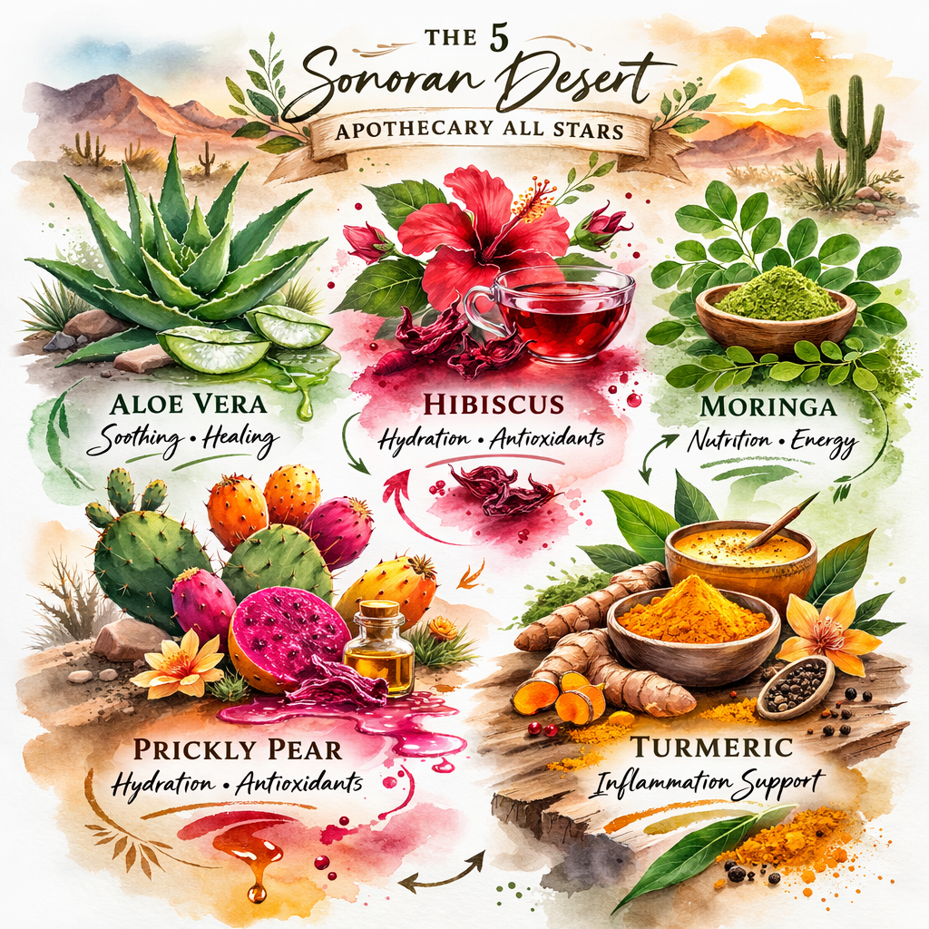 🌟 The 5 Sonoran Desert Apothecary All Stars:  Aloe Vera • Hibiscus • Moringa • Prickly Pear • Turmeric