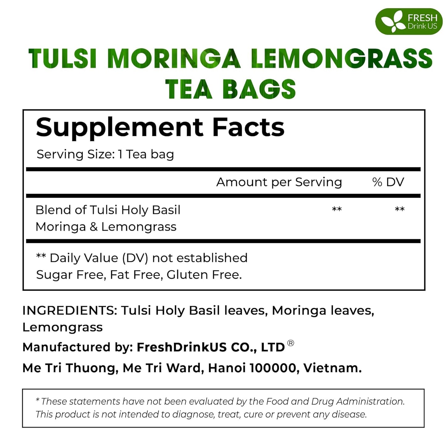 Premium Tulsi Moringa Lemongrass Tea Bags, 100% Natural