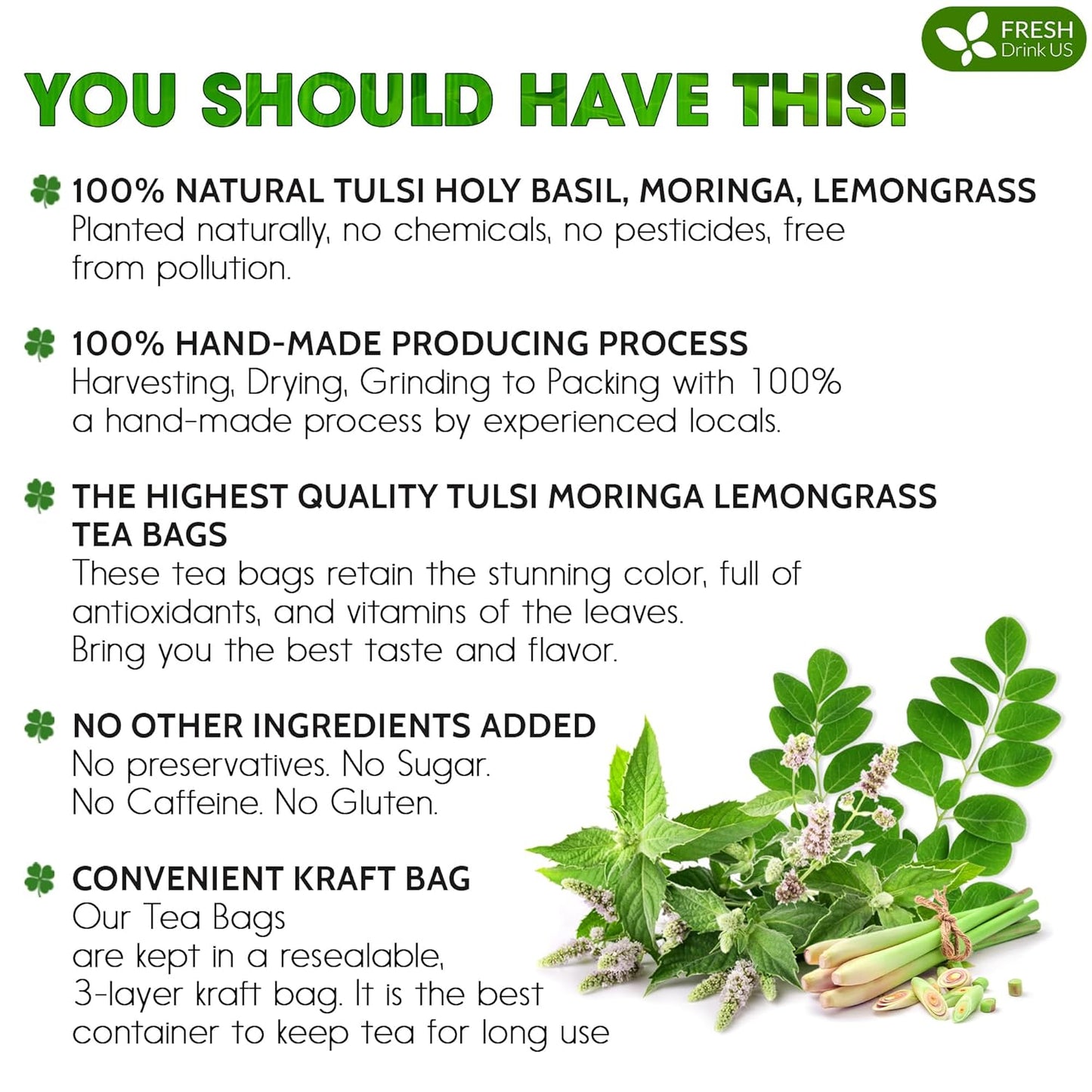 Premium Tulsi Moringa Lemongrass Tea Bags, 100% Natural
