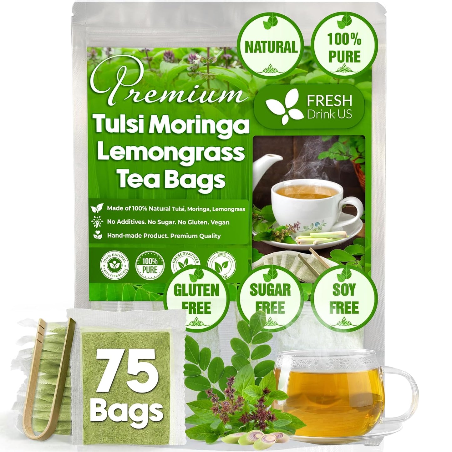 Premium Tulsi Moringa Lemongrass Tea Bags, 100% Natural
